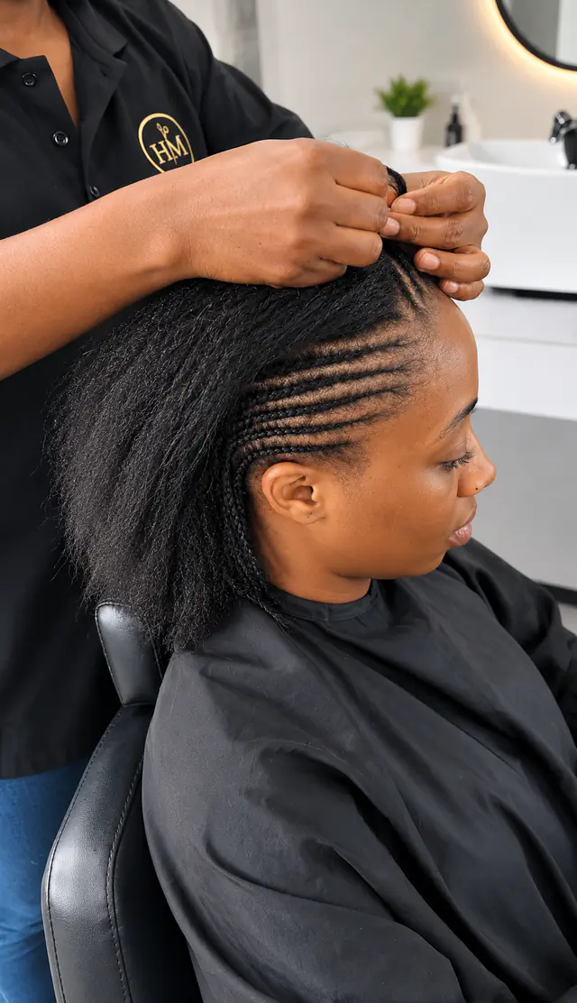 A stylist cornrowing a client's hair
