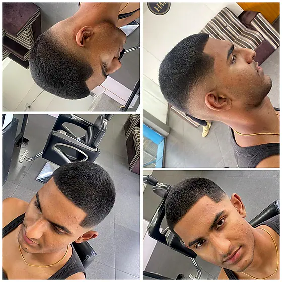 A finished men's haircut at New Hair Masters, shown from several angles