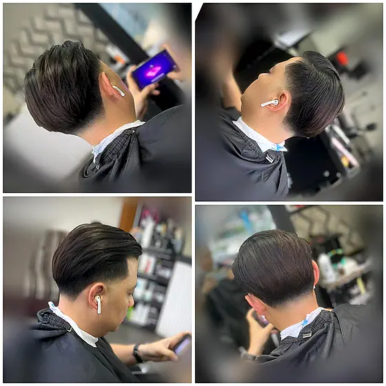 A finished men's haircut at New Hair Masters, shown from several angles