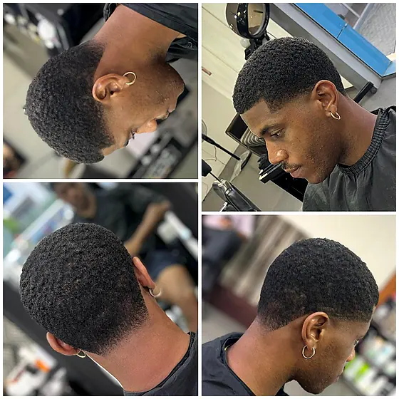 A finished men's haircut at New Hair Masters, shown from several angles