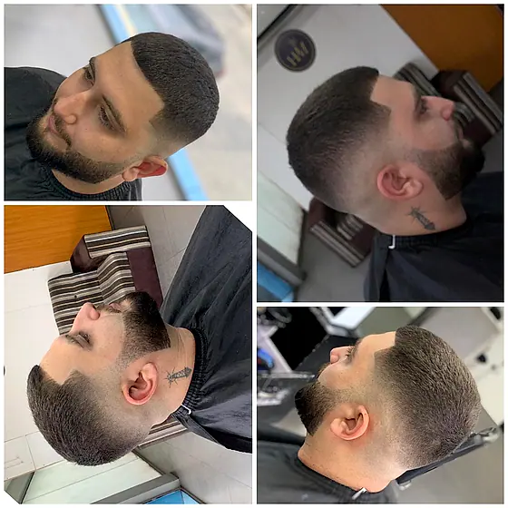 A finished men's haircut at New Hair Masters, shown from several angles