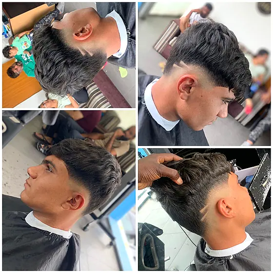 A finished men's haircut at New Hair Masters, shown from several angles