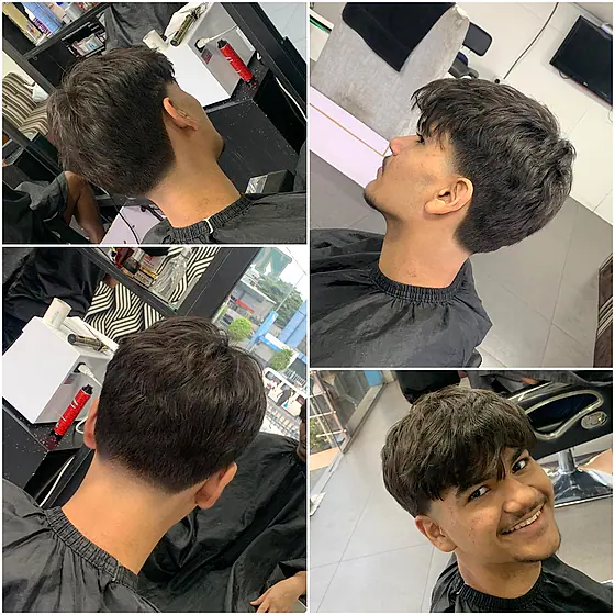 A finished men's haircut at New Hair Masters, shown from several angles
