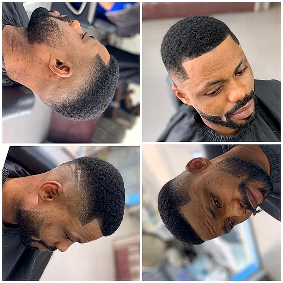 A finished men's haircut at New Hair Masters, shown from several angles