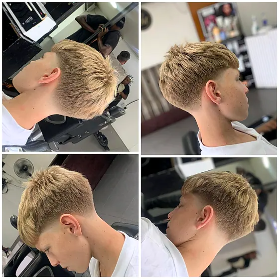 A finished men's haircut at New Hair Masters, shown from several angles