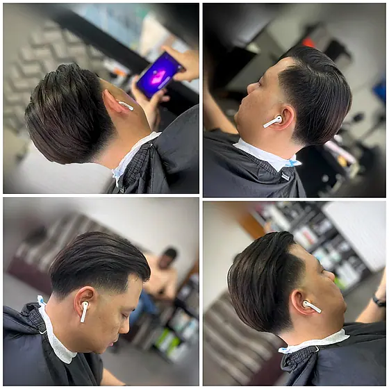A finished men's haircut at New Hair Masters, shown from several angles