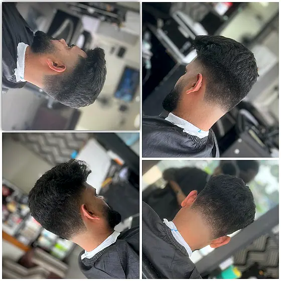 A finished men's haircut at New Hair Masters, shown from several angles