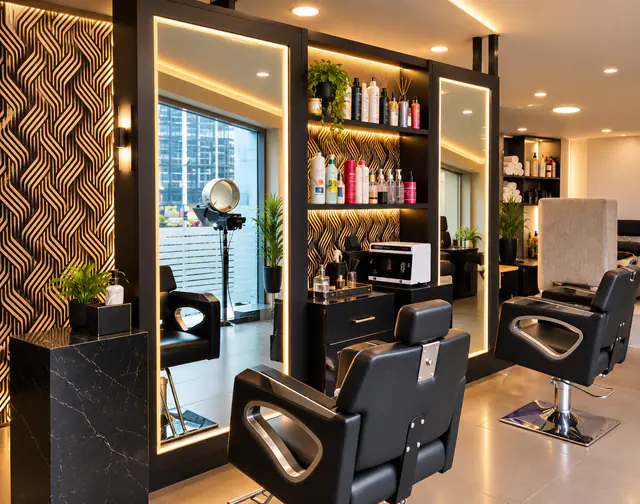 Black leather styling chairs in front of lit mirrors, shelves of hair products and the woven gold-and-black wall panels