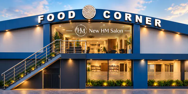 The Food Corner building on Adeola Odeku Street at dusk, with the New HM Salon sign glowing in the upstairs window above the pharmacy
