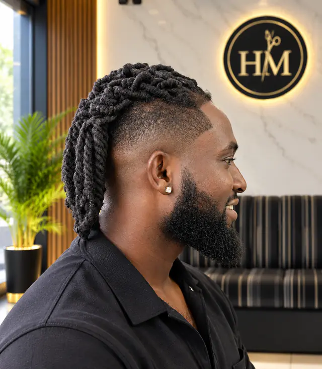 A client with twists, a sharp fade and a full beard, seen in profile in the lounge beside the lit HM logo